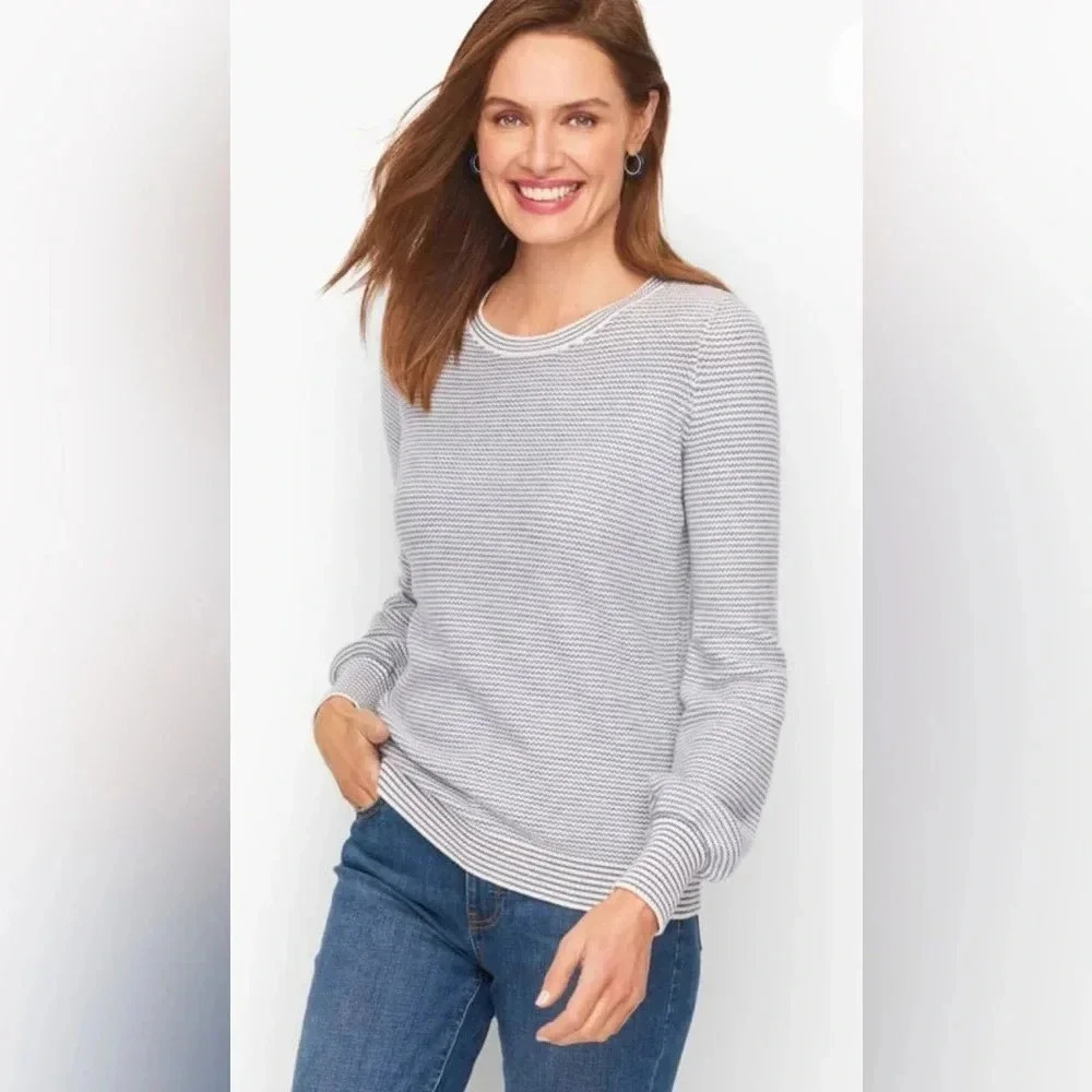 Talbots‎ Bishop Sleeve Stripe Jacquard Pullover Gray/White Sweater Women’s Small